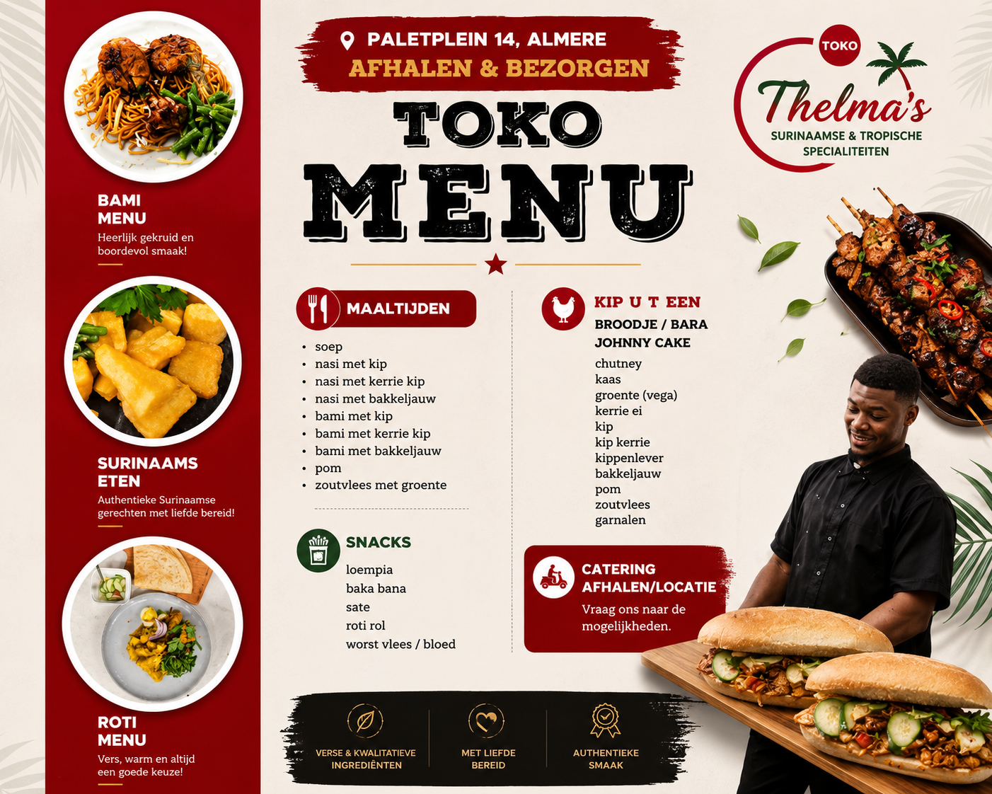 Thelma's Toko menukaart met Surinaamse maaltijden, snacks en broodjes
